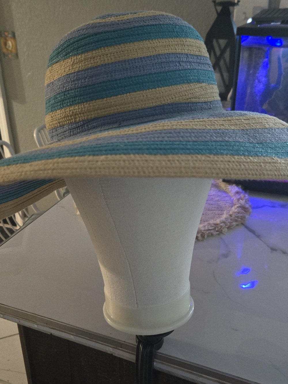 Columbia Striped Wide-Brim Sun Hat in Teal, Light Blue, and Beige